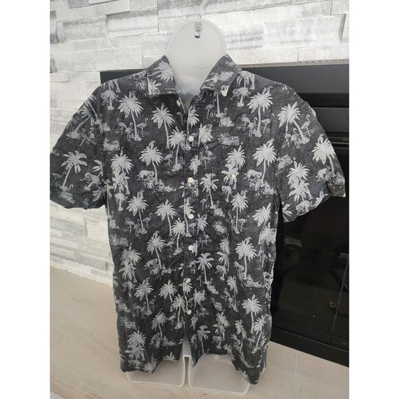 AMERICAN EAGLE SHIRT MENS MED GREY FLAMINGO TIGER PALM HAWAIIAN FLEX BUTTON UP - Picture 1 of 6
